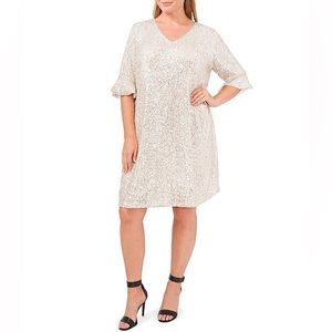 CeCe Sequin V-neck Ruffle Cuff Sleeve Shift Dress 1X
